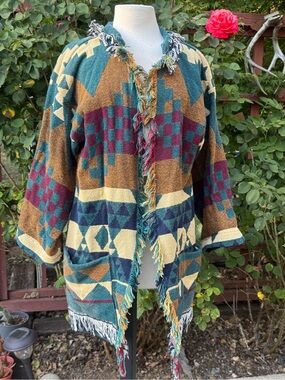 Vintage Geometric Fringe Open Front Jacket in Teal, Mustard & Burgundy